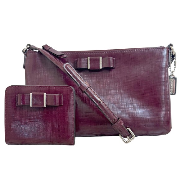 Coach Darcy Crossbody Bag & Wallet Burgundy Leather‎ Bow Accent Purse 52225 - Picture 1 of 16